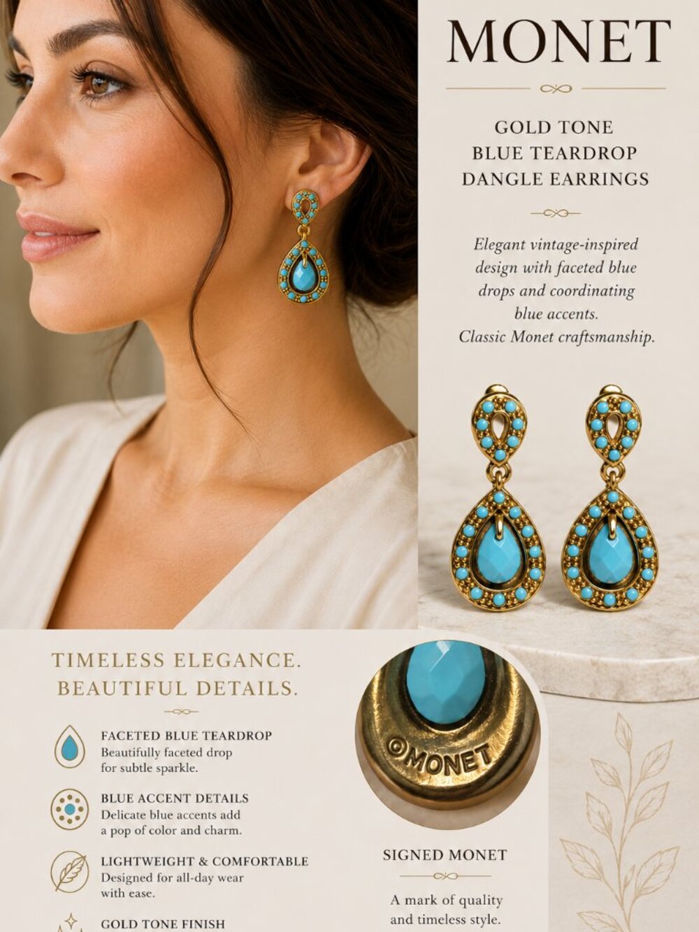Monet Gold Tone Blue Teardrop Petite Dangle Earrings | Signed Monet